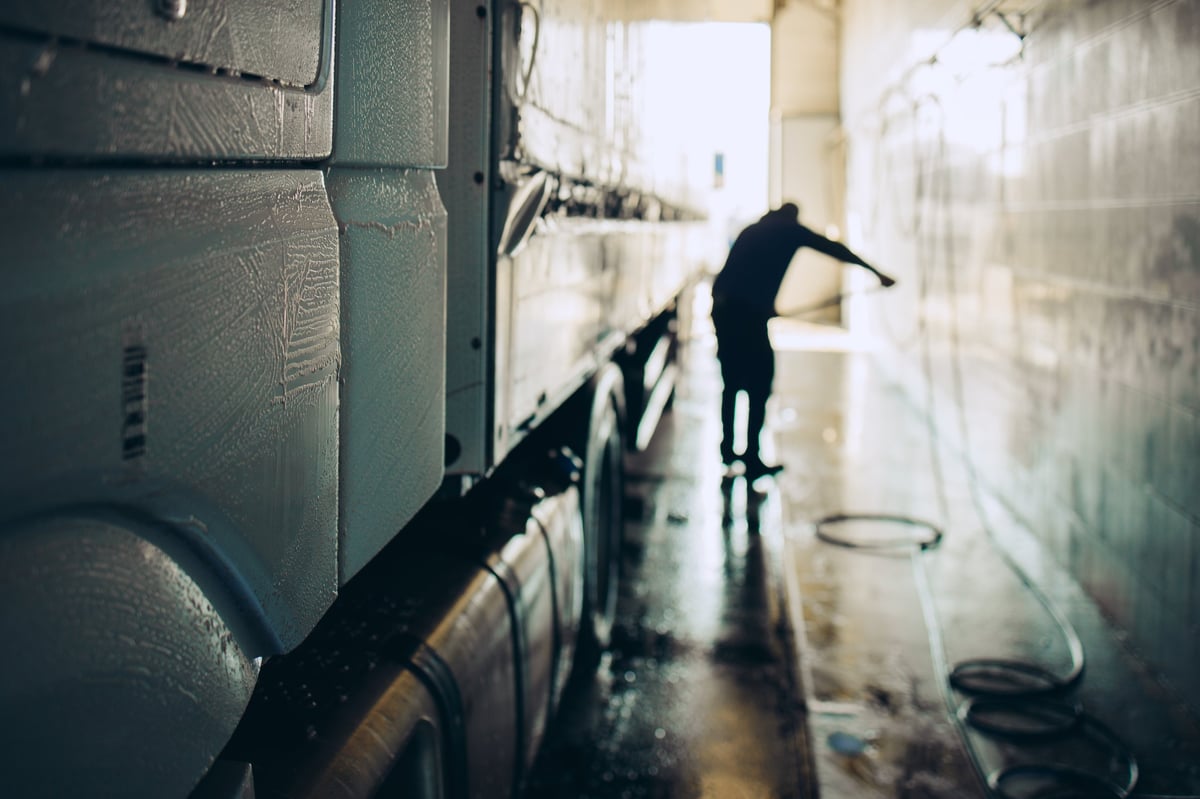Truck washing and cleaning at professional service station