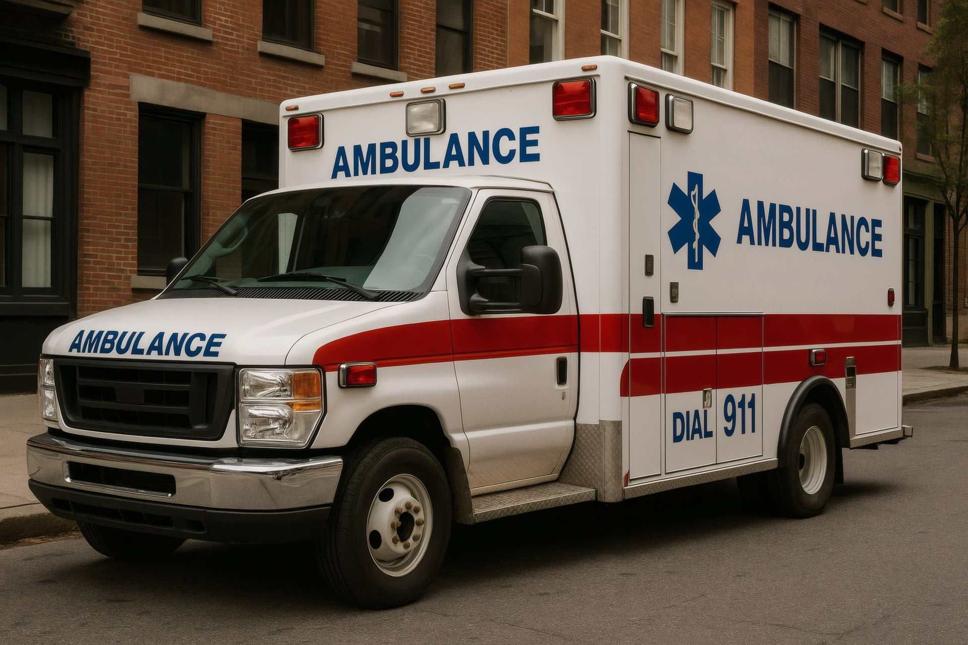 Clean ambulance parked on city street with emergency lights